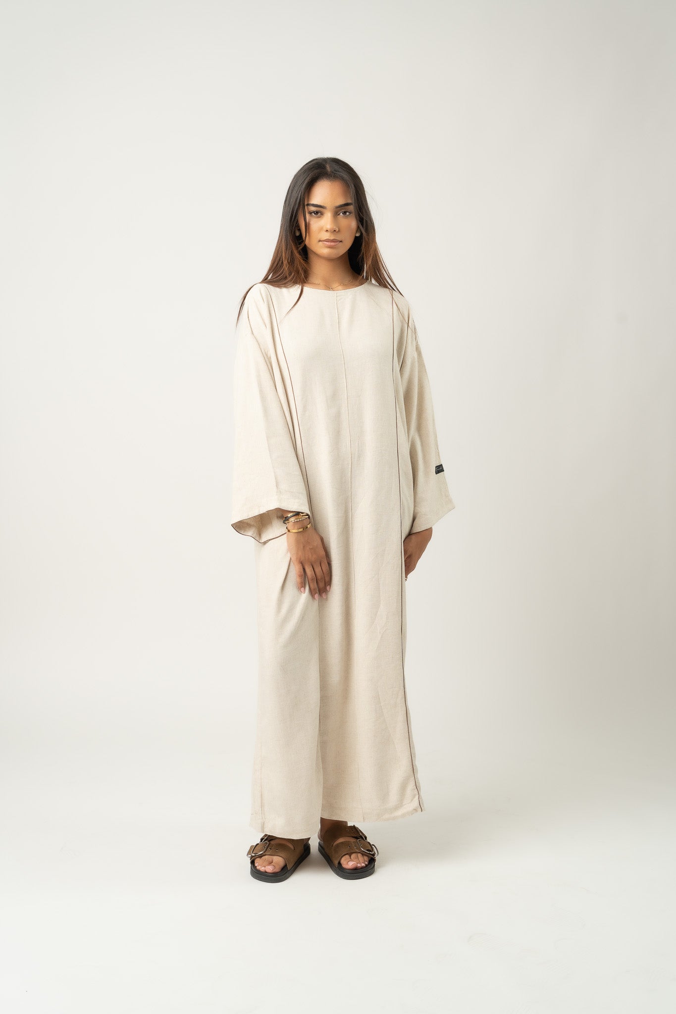 Robe longue maxi en mélange de lin Beige