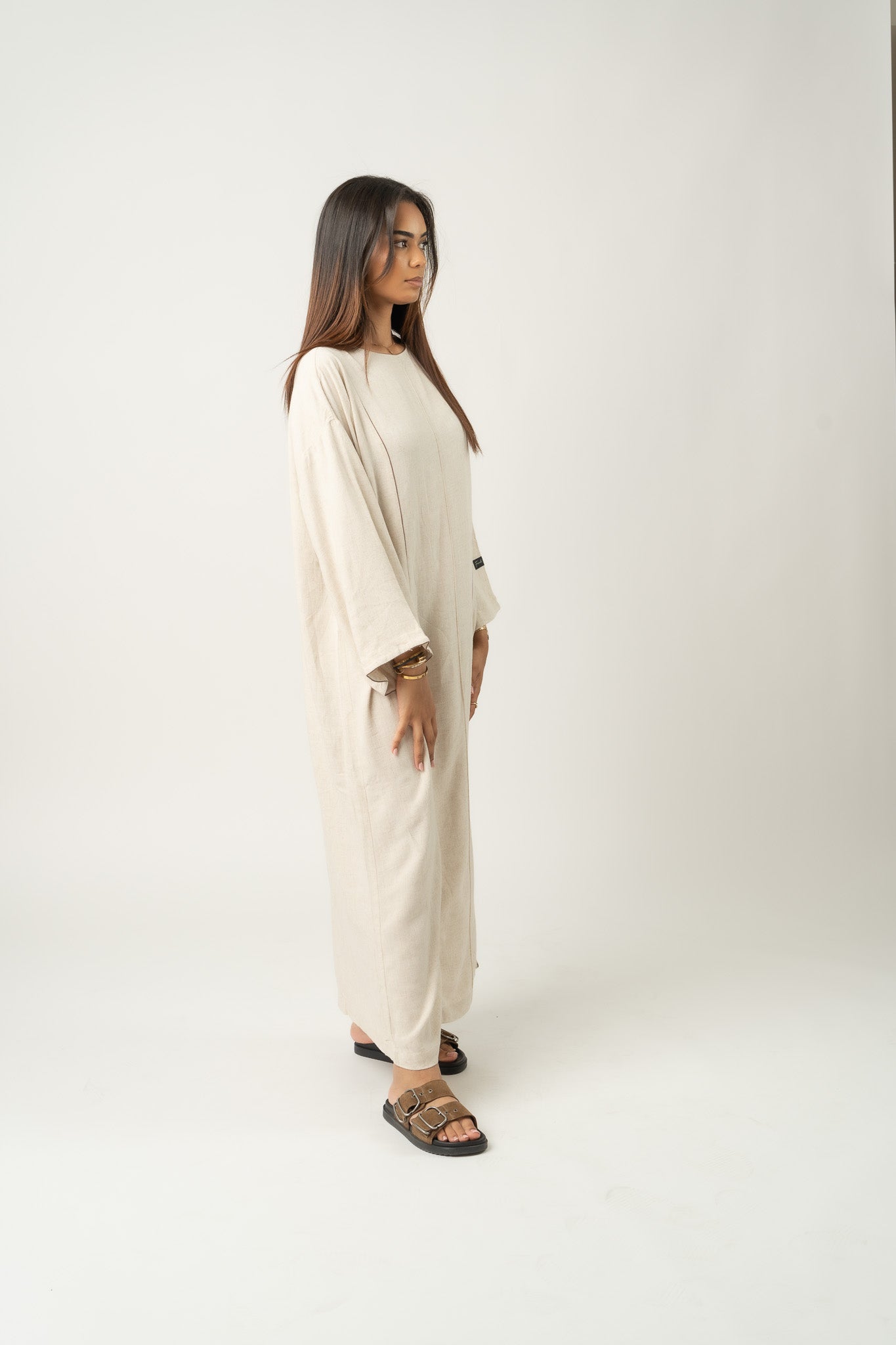 Robe longue maxi en mélange de lin Beige