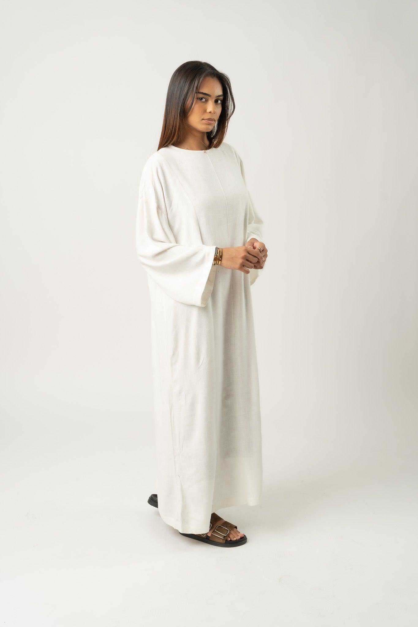 Robe longue maxi en mélange de lin white